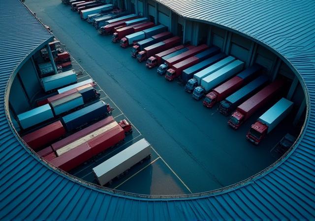 Aerial view of a manufacturing loop involving trucking and warehousing